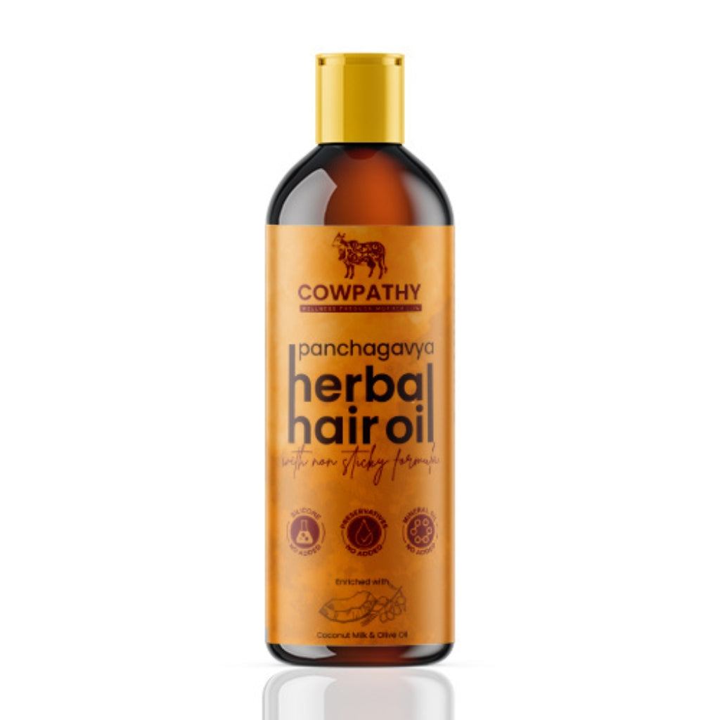 Cowpathy Panchagavya Herbal Hair Oil 200 ml bottle with nourishing ingredients for hair care.