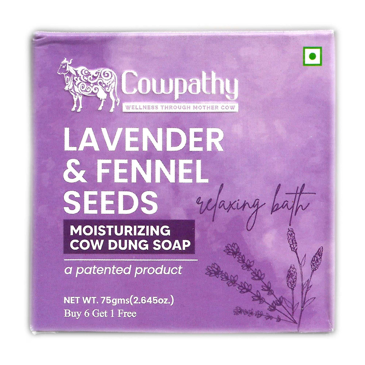 Purple packaging of a soap bar branded "Cowpathy." Features a white cow illustration in the top left corner and text stating "Cowpathy Wellness Through Mother Cow," along with ingredients "Lavender & Fennel Seeds." Highlights include "Relaxing Bath," "Moisturizing Cow Dung Soap," and "A Patented Product." Also mentions “Buy 6 Get 1 Free” and displays a green vegetarian symbol in the top right corner, accompanied by lavender and fennel plant illustrations.