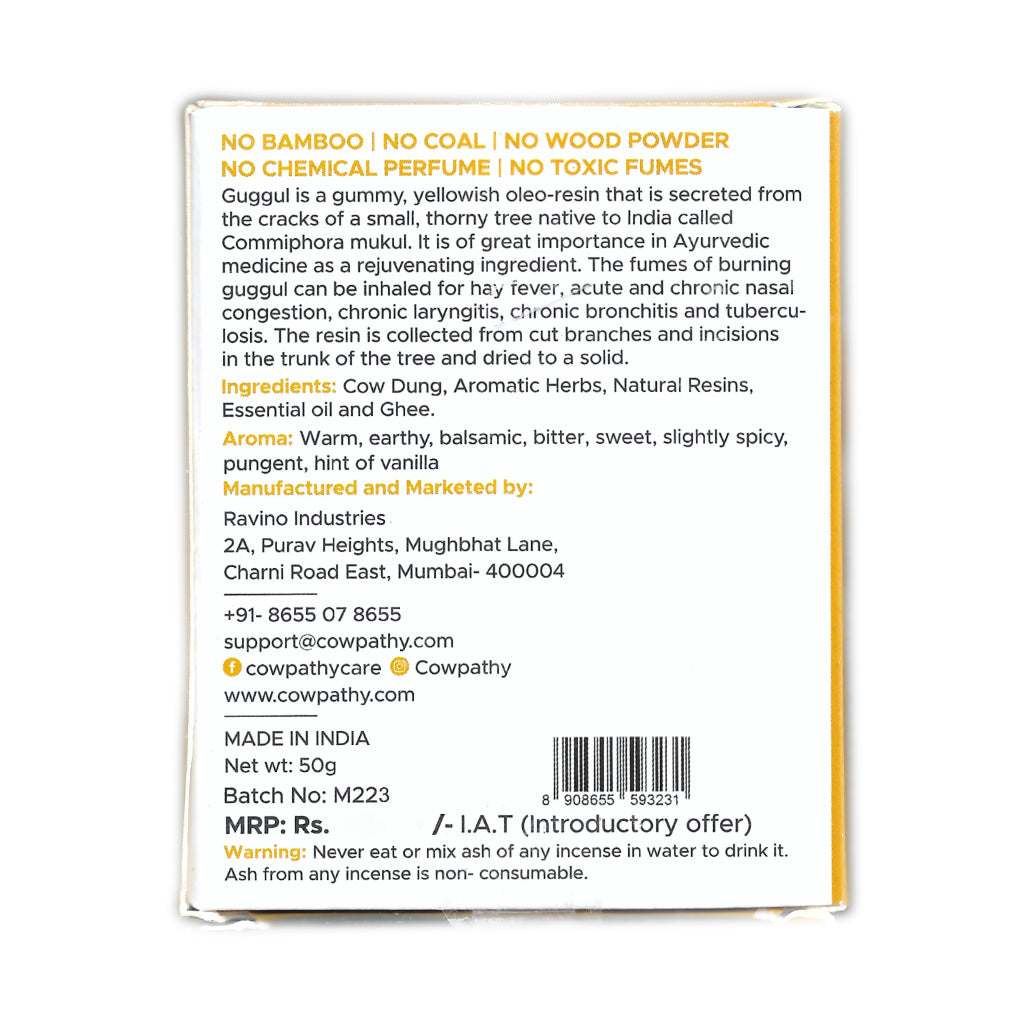 Cowpathy Golden Guggul Dhoop Batti – Ayurvedic incense with cow dung and natural resins; no coal, wood powder, or chemical perfume; 50g pack.