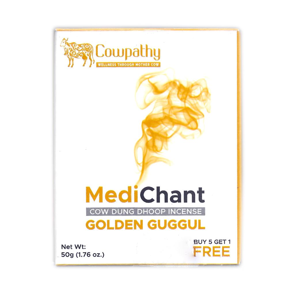Cowpathy MediChant Cow Dung Dhoop Incense – Golden Guggul variant in 50g pack; features golden smoke graphic, “Buy 5 Get 1 Free” offer, and cow-themed wellness branding.