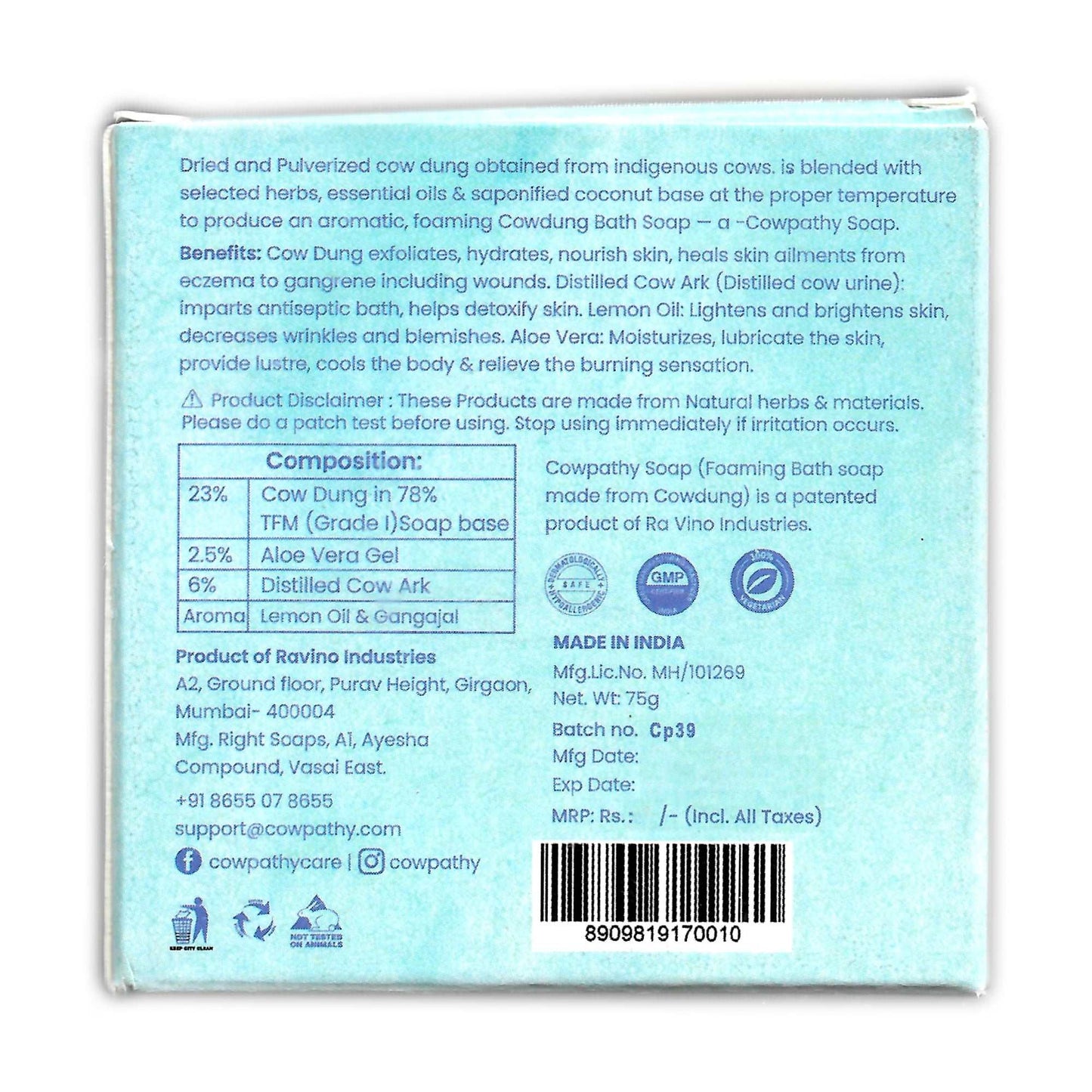 Back view of Cowpathy Lemonade & Aloe Vera Hydrating Bath soap packaging. Lists composition—cow dung (23%), TFM base (78%), aloe vera gel (2.5%), cow ark (6%), lemon oil, and Gangajal. Highlights benefits like skin detox, exfoliation, moisturizing, brightening, and antiseptic properties. Includes GMP and ISO certifications, manufacturer contact details, batch info, barcode, and disclaimers.