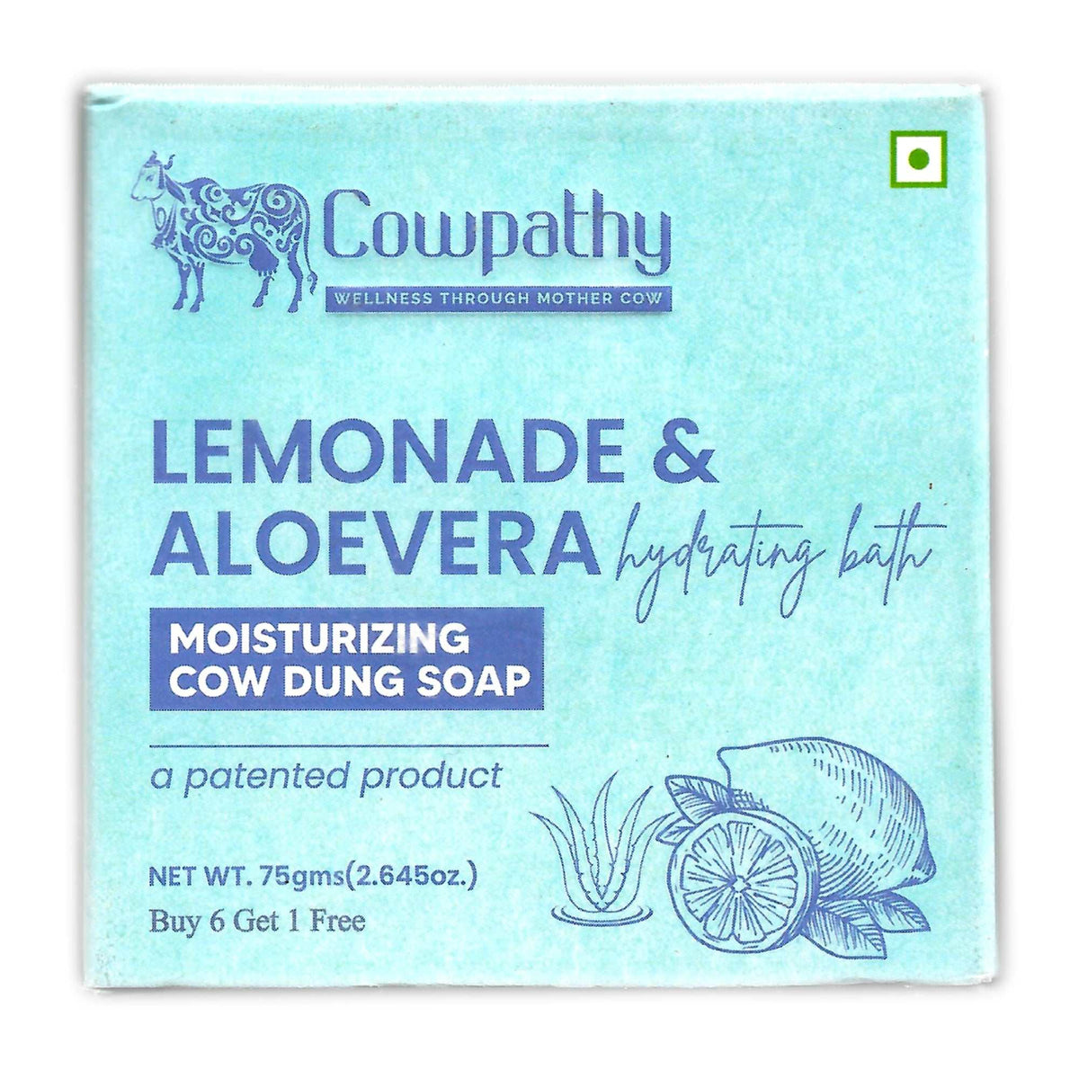Cowpathy Cow Dung Lemonade Aloe Vera Soap 75 GM with Ayurvedic ingredients and refreshing citrus scent