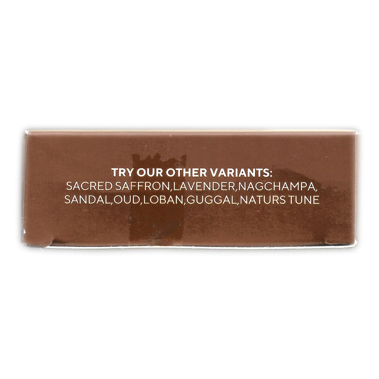 Brown product label listing Cowpathy’s dhoop stick fragrance variants: Sacred Saffron, Lavender, Nagchampa, Sandal, Oud, Loban, Guggal, and Nature’s Tune. Headline reads “Try Our Other Variants” in bold white text against a minimal background.