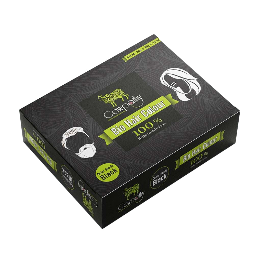 A box of Cowpathy Herbal Bio Hair Colour in black, with text and logo on the packaging.