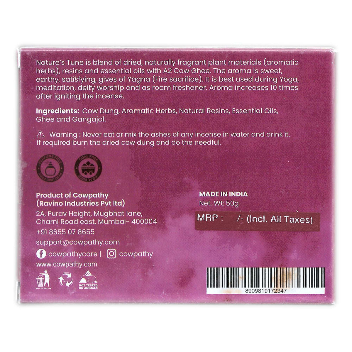 Cowpathy Nature Tune Cow Dung Dhoop Batti pack with natural aromatic incense sticks and herbal ingredients