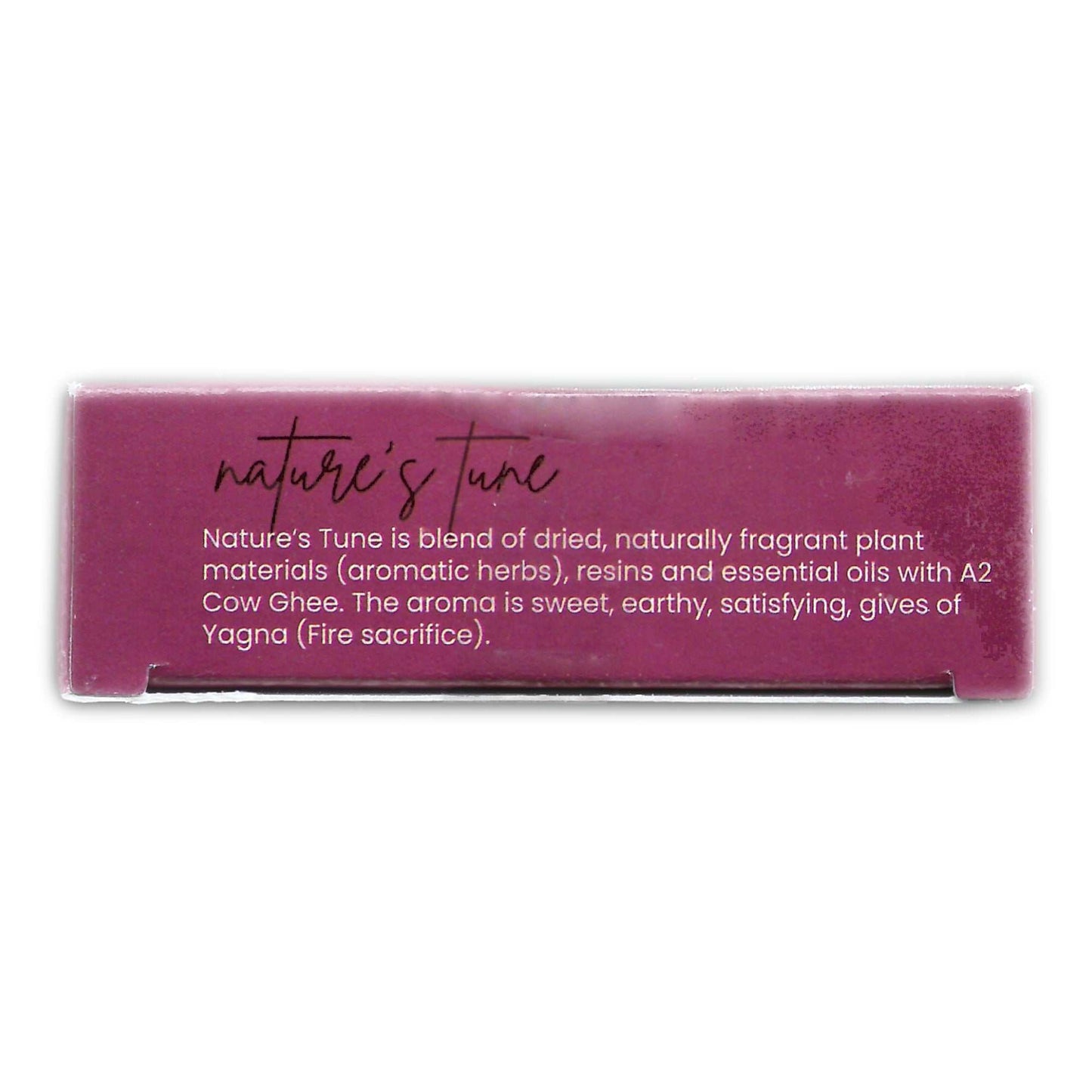 Label of Cowpathy “Nature's Tune” incense sticks featuring a blend of dried aromatic herbs, resins, and essential oils combined with A2 Cow Ghee. Describes the fragrance as sweet, earthy, and spiritually evocative of Yagna (Vedic fire rituals). Promotes a natural, satisfying aromatic experience rooted in tradition.