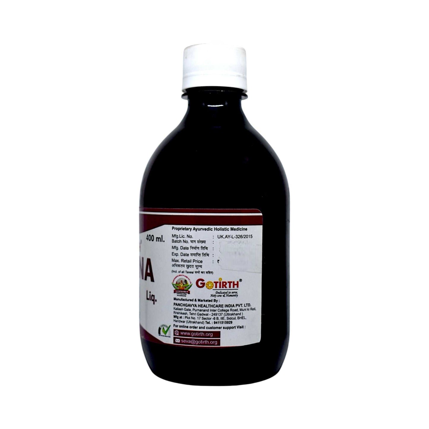 Bottle of Gotirth Femina Plus Gomutra Ark, 400 ml herbal medicine for women's health care.