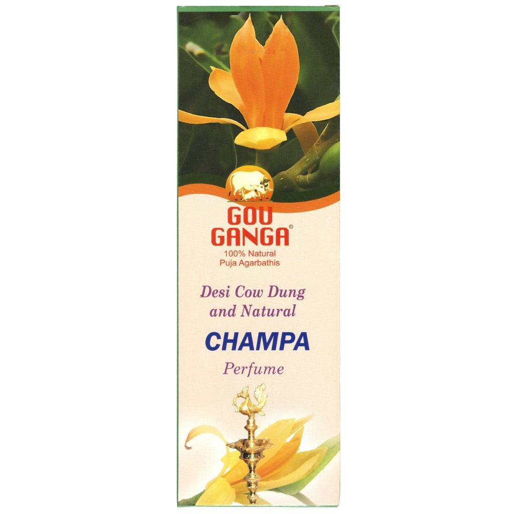 Gou Ganga Champa Agarbatti pack with 90 sticks made from pure desi cow dung and herbs, emitting a pleasant calming fragrance.