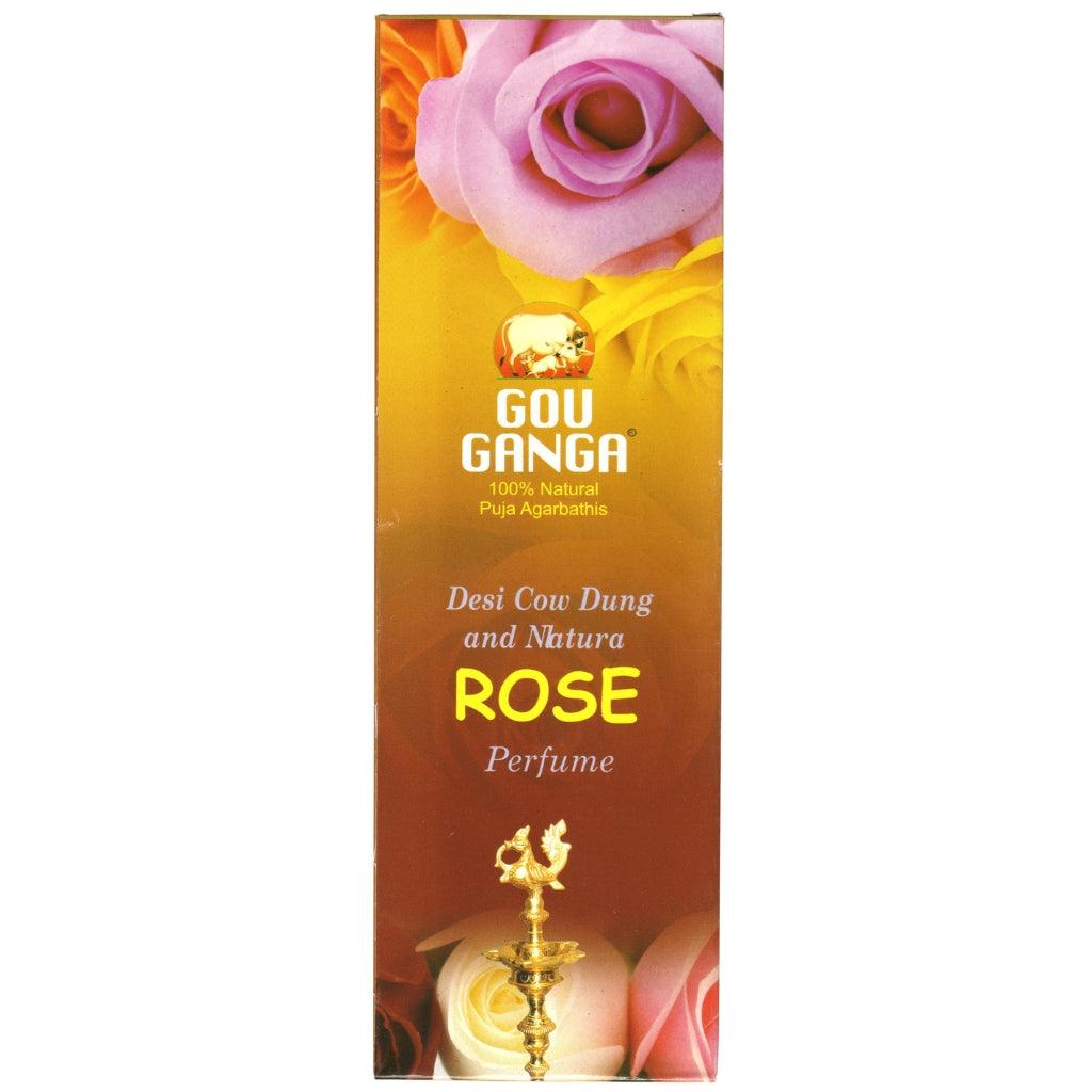 Gou Ganga Rose Agarbatti pack with 90 incense sticks made from pure desi cow dung and herbs emitting a calming rose fragrance