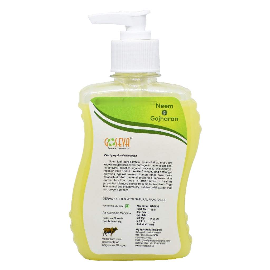 GoSeva Neem Hand Wash 250ml bottle with Ayurvedic neem and Panchagavya ingredients for natural germ protection
