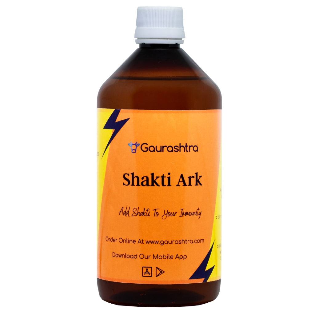 Gaurashtra Shakti Gomutra Ark 500 ML bottle with Haldi, Neem, Tulsi ingredients and Panchagavya medicine features