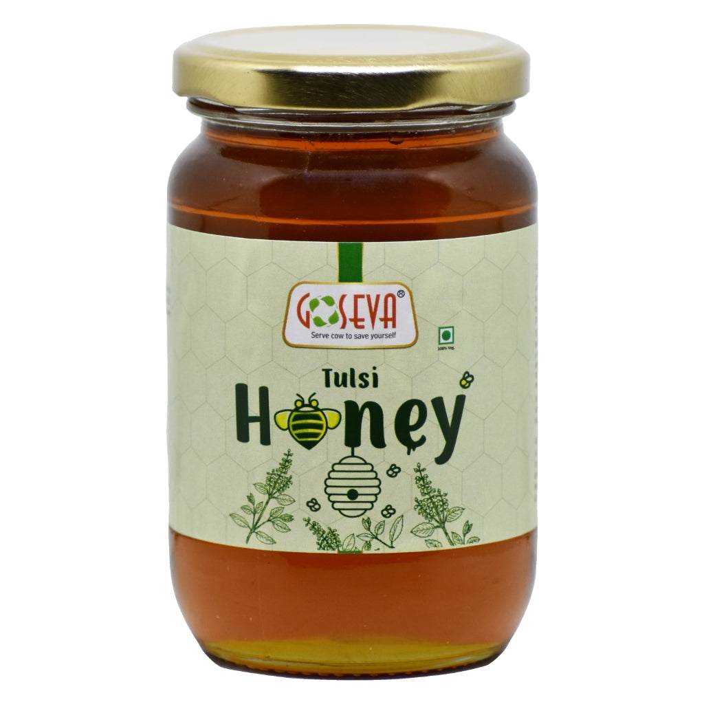 GoSeva Tulsi Honey 400ml bottle showcasing natural raw honey from tulsi plants.