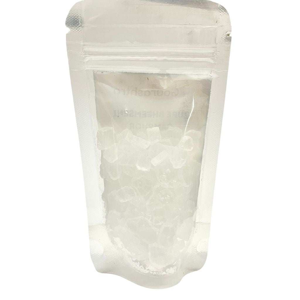 White crystalline Bhimseni Camphor in resealable pouch—natural Ayurvedic camphor crystals for spiritual rituals, air purification, and aromatic wellness.