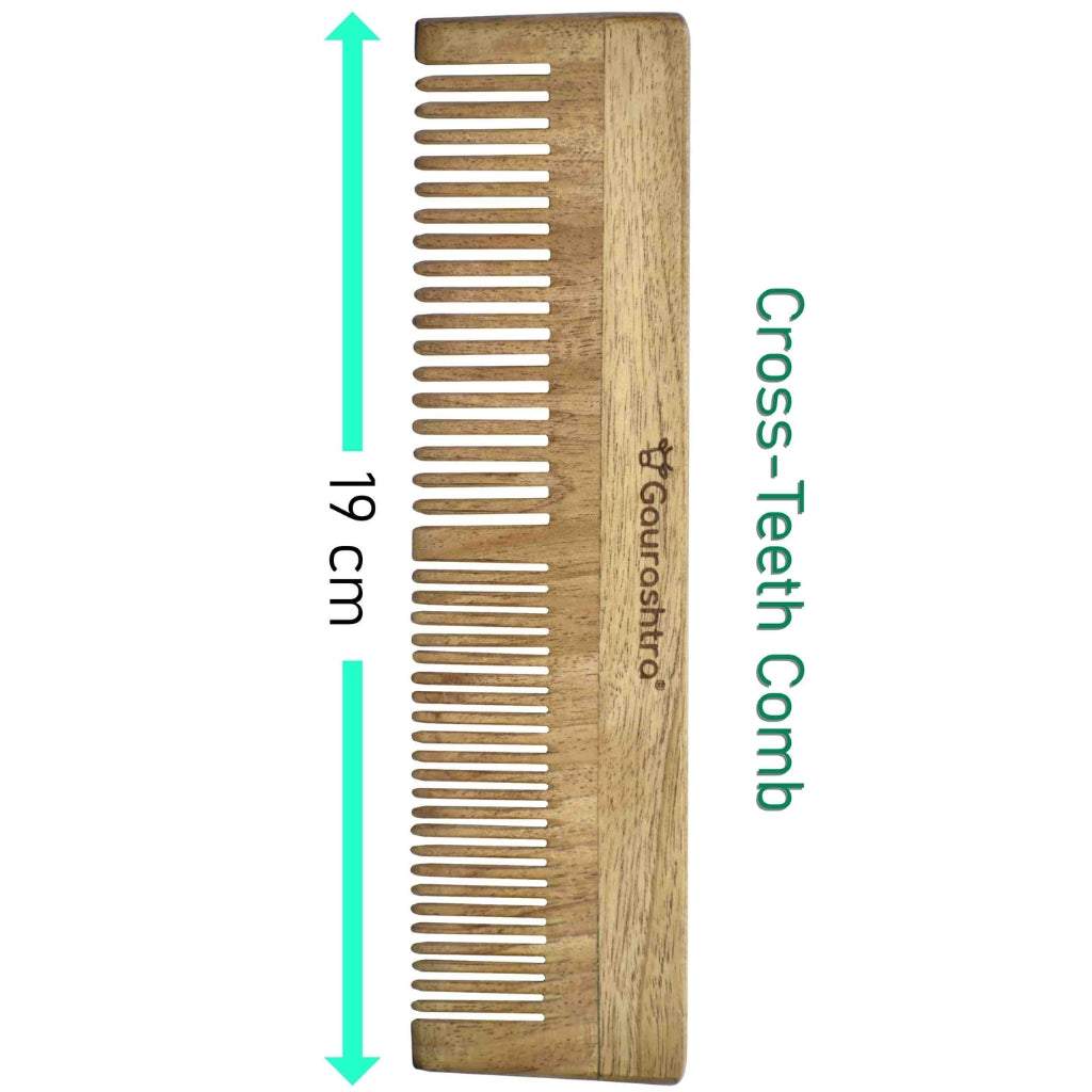 A vertical cross hair neem wood comb