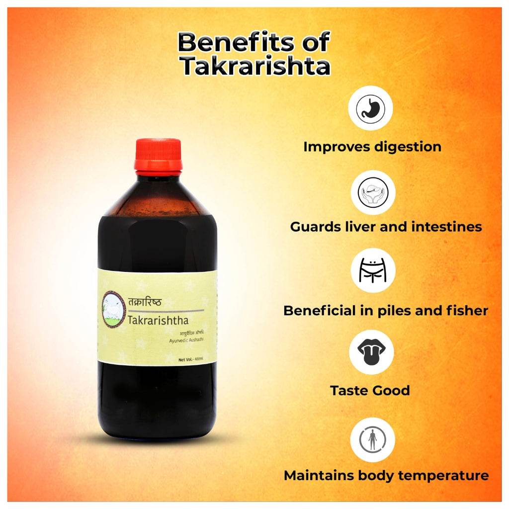 Takrarishta Ayurvedic tonic bottle with red cap shown alongside a vibrant yellow-orange background. English and Hindi text lists benefits such as improved digestion, liver and intestine support, relief in piles and fissures, pleasant taste, and body temperature regulation. Label highlights the herbal formulation and traditional preparation method.