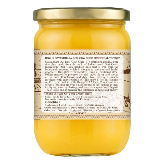 Gavyadhara Desi Cow A2 Ghee jar label showcasing its Ayurvedic benefits, nutritional highlights, and purity claims—handcrafted from indigenous cow milk using slow-boiling traditional methods.