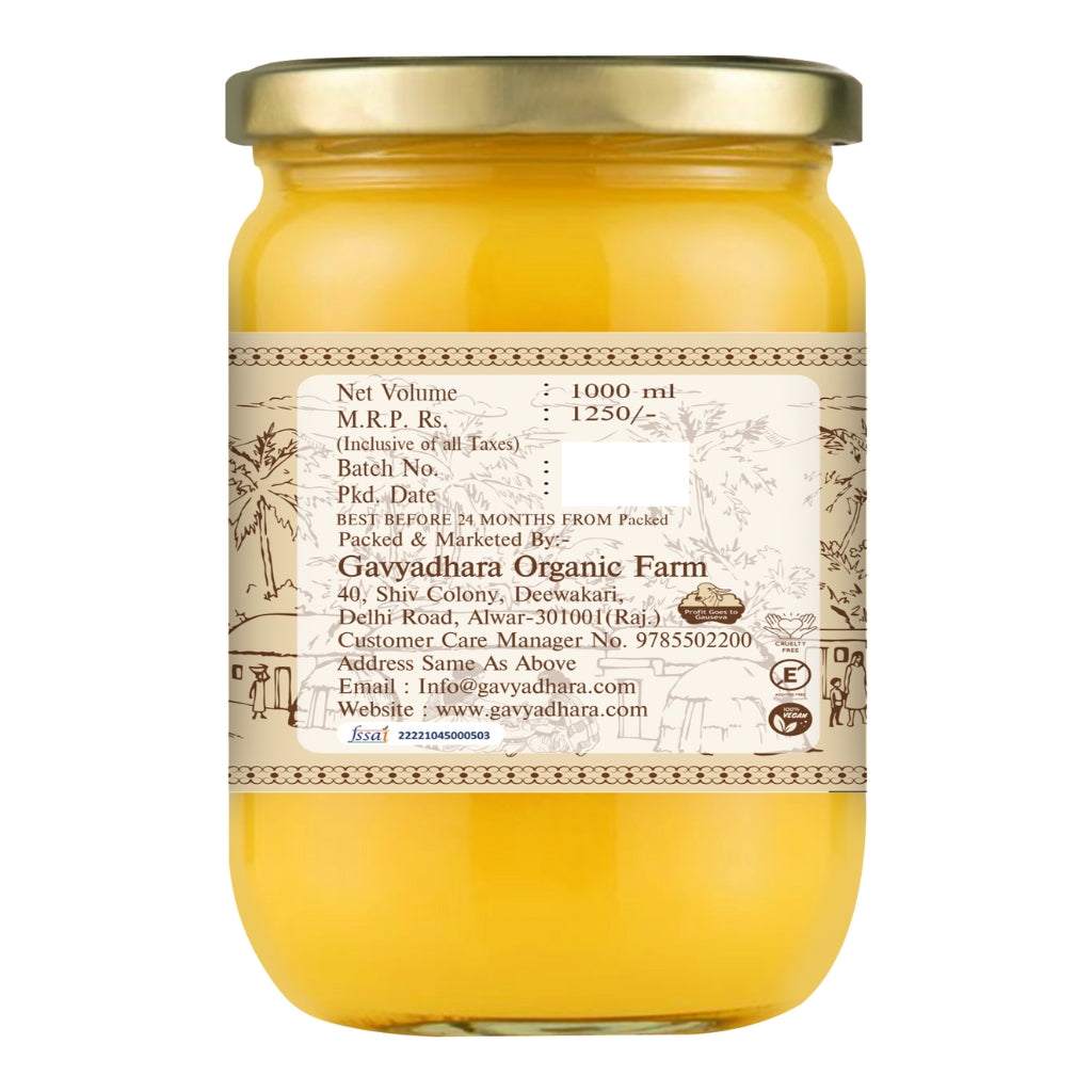 Gavyadhara Organic Farm 1L A2 Ghee jar label with product details—net volume, MRP, batch info, shelf life, and FSSAI license—representing purity and trust in traditional Indian dairy practices.