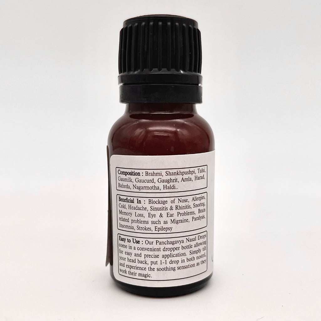 Gavyadhara Panchagavya Nasal Drops 15ml bottle for migraine and sinus relief with Ayurvedic ingredients