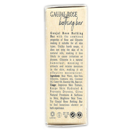 Back label of Gavyadhara Gaujal Rose Glycerin Soap detailing Ayurvedic benefits and ingredients. Describes moisturizing effects of glycerin, soothing properties of rose water and aloe vera, and Panchagavya elements like gomutra ark. Highlights gluten-free, cruelty-free, and vegetarian suitability, with usage benefits like skin brightness and hydration.