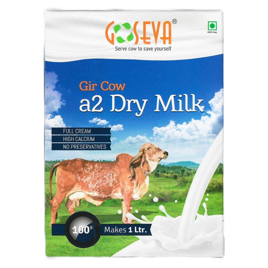 GoSeva Gir Cow A2 Milk Powder 100GM packaging with natural milk powder from desi Gir cows