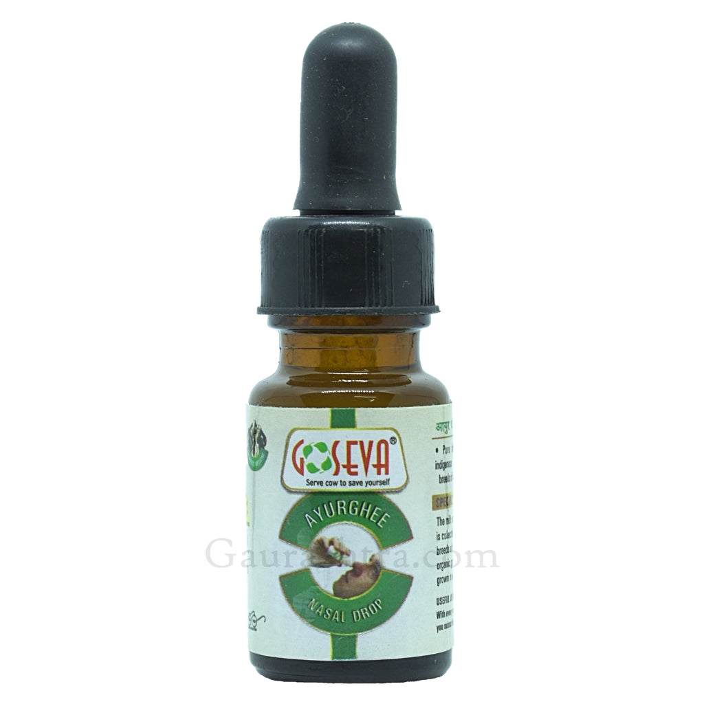 GoSeva Ayur Ghee Panchagavya Nasal Drops bottle with Ayurvedic herbs for stress relief and sleep support