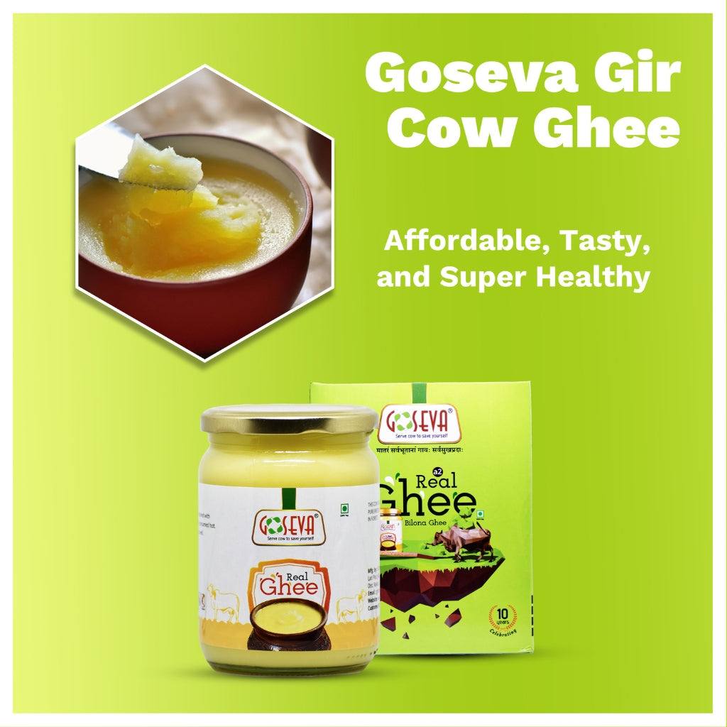 GoSeva Gir Cow Ghee 500ml jar of pure A2 ghee from Gir cow milk with golden color and traditional packaging