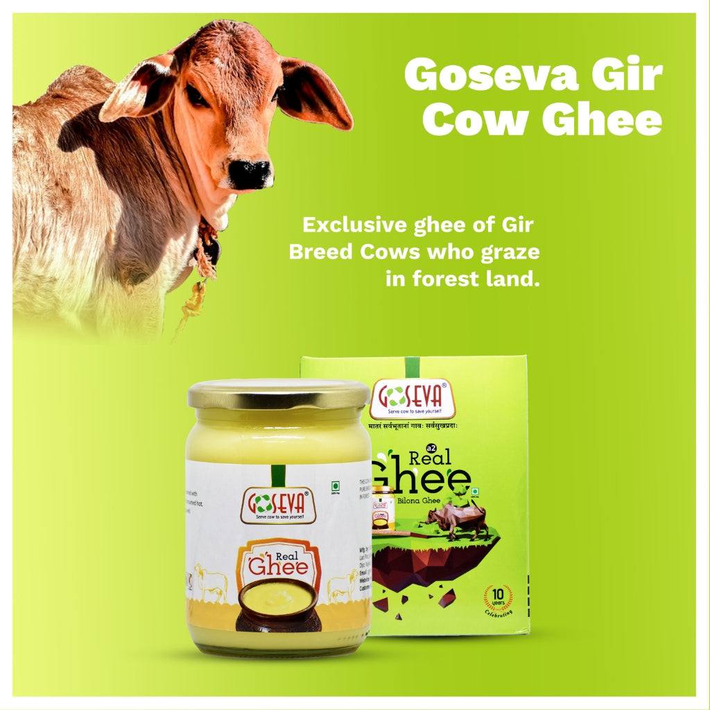GoSeva Gir Cow Ghee 500ml jar showcasing pure A2 ghee made from Gir cow milk with golden color and traditional packaging