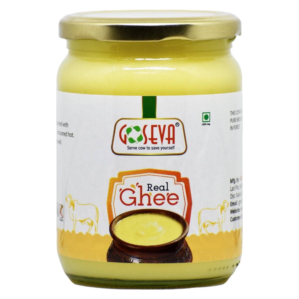 GoSeva Gir Cow Ghee 500ml jar showcasing pure A2 Gir cow milk ghee with golden color and traditional packaging