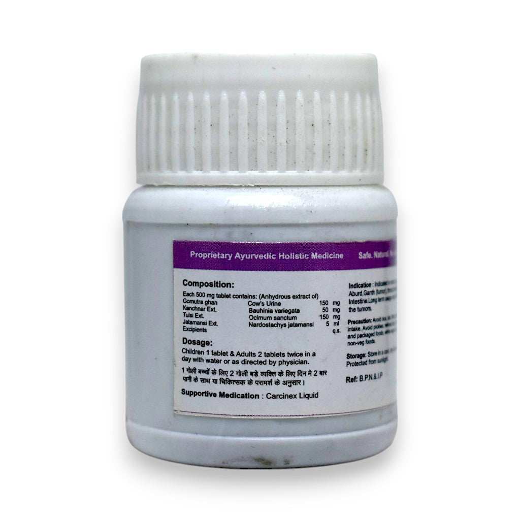 Carcinex Gomutra Ghanvati capsules for cancer support with natural ingredients like Tulsi and cow urine.