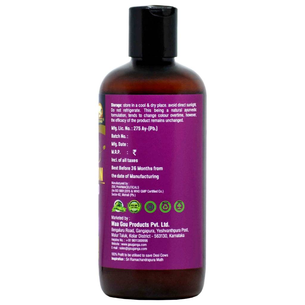 Back label of Gou Ganga shampoo—manufacturing, storage, and marketing details