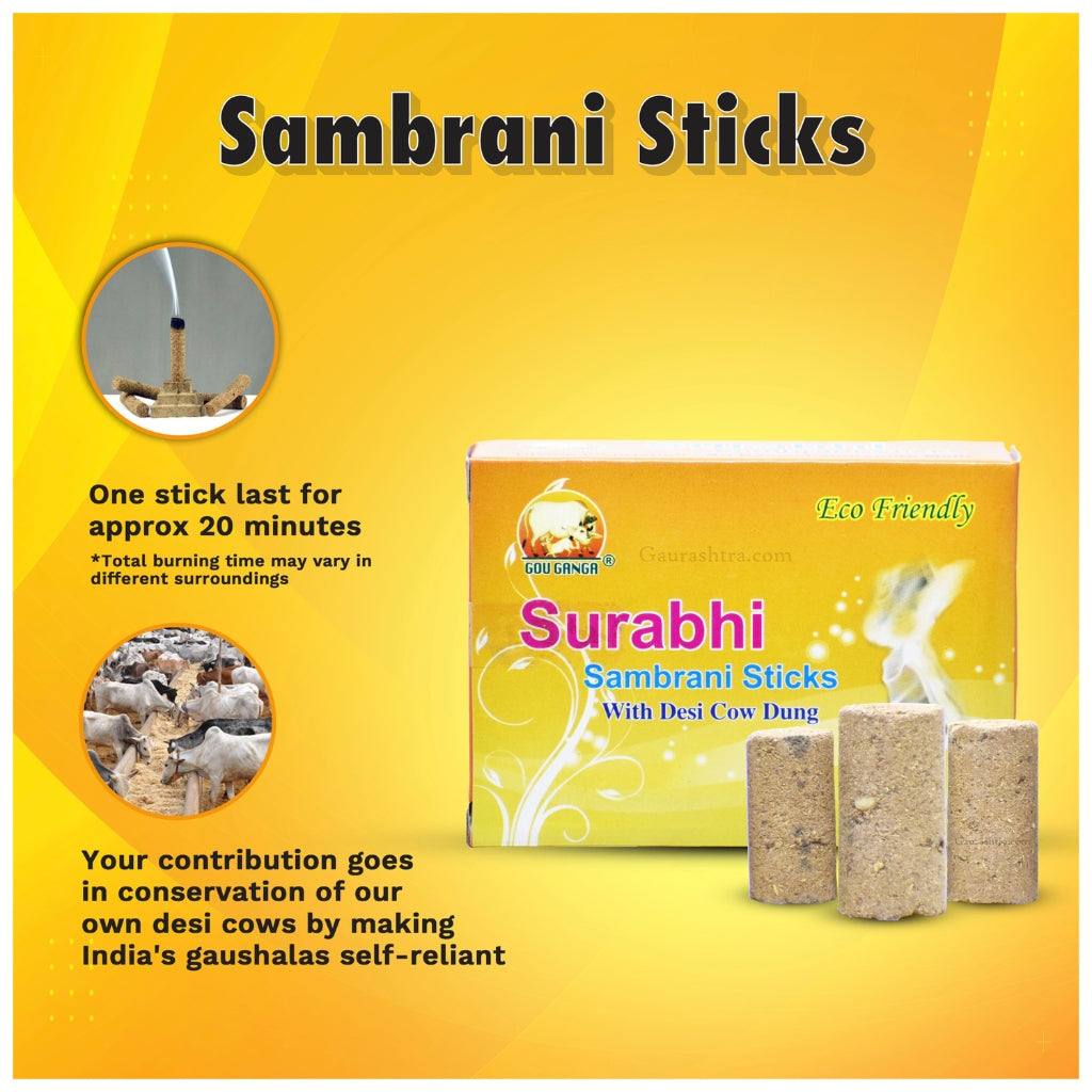Gou Ganga Sambrani Dhoop sticks arranged with sacred herbs and cow dung base—symbolizing their traditional purity and aromatic Vedic essence.