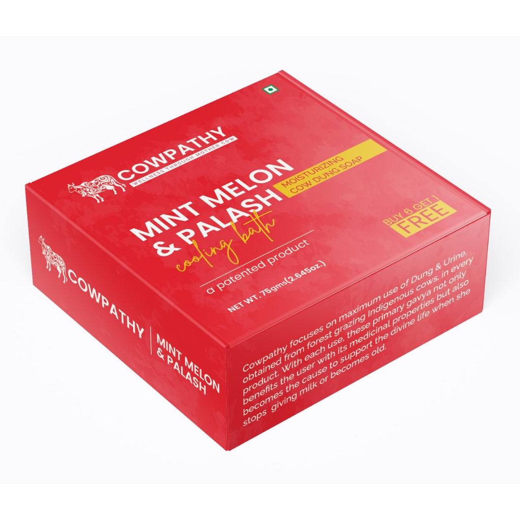 Cowpathy Cow Dung Moisturizing Soap with Mint, Melon, and Palash in 75 GM bar for skin hydration and exfoliation