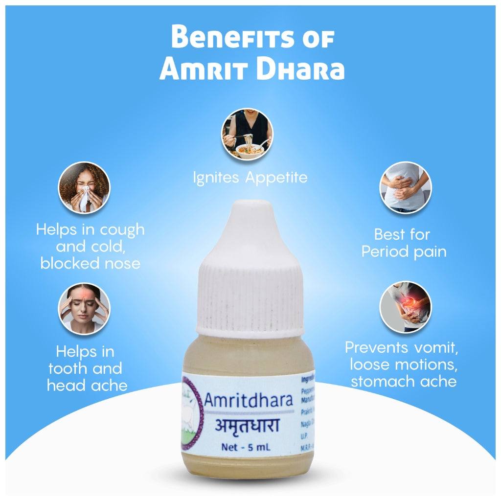 Surbhi Amritdhara 5 mL Ayurvedic bottle listing uses: cough, cold, blocked nose, toothache, headache, period pain, indigestion, vomiting, loose motions; with hygienic and traditional preparation.