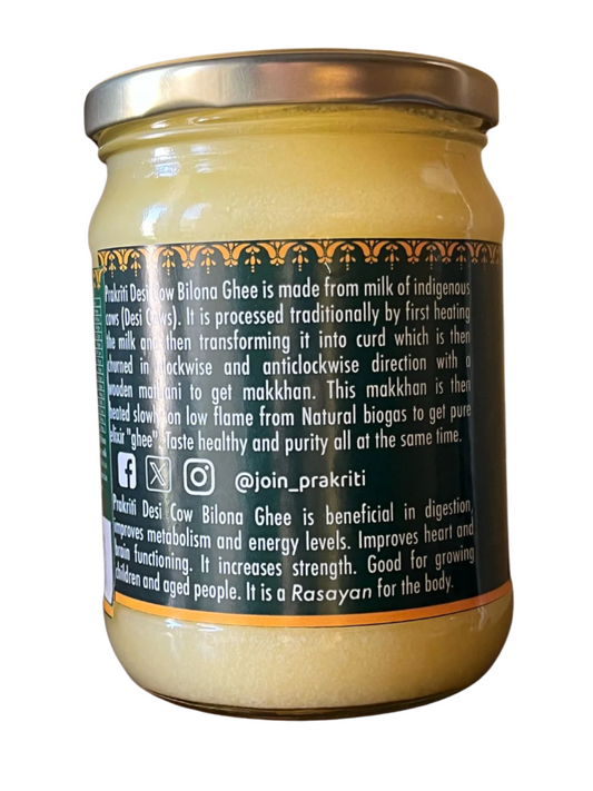 Prakriti Desi Cow A2 Ghee 500 ML jar showcasing traditional Bilona ghee made from Sahiwal and Haryana cow milk for Ayurvedic wellness