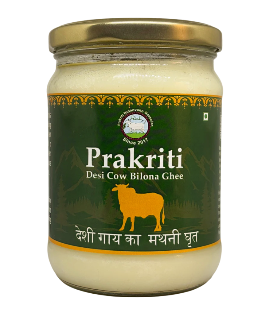 Prakriti Desi Cow A2 Ghee 500ml jar showcasing traditional Bilona method and Ayurvedic wellness benefits