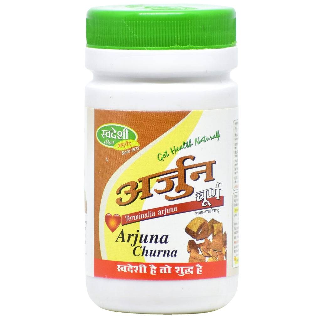 Swadeshi Arjun Powder for heart health in 100 GM packaging promoting cholesterol control and heart muscle strength