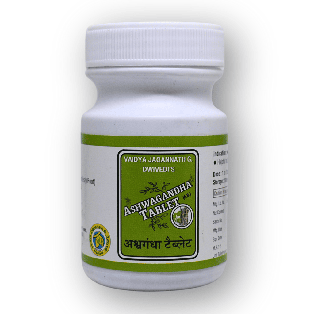 Vaidya Jagannath Dwivedi Ashwagandha Tablet bottle with bilingual label in English and Hindi, showcasing Ayurvedic branding and dosage details