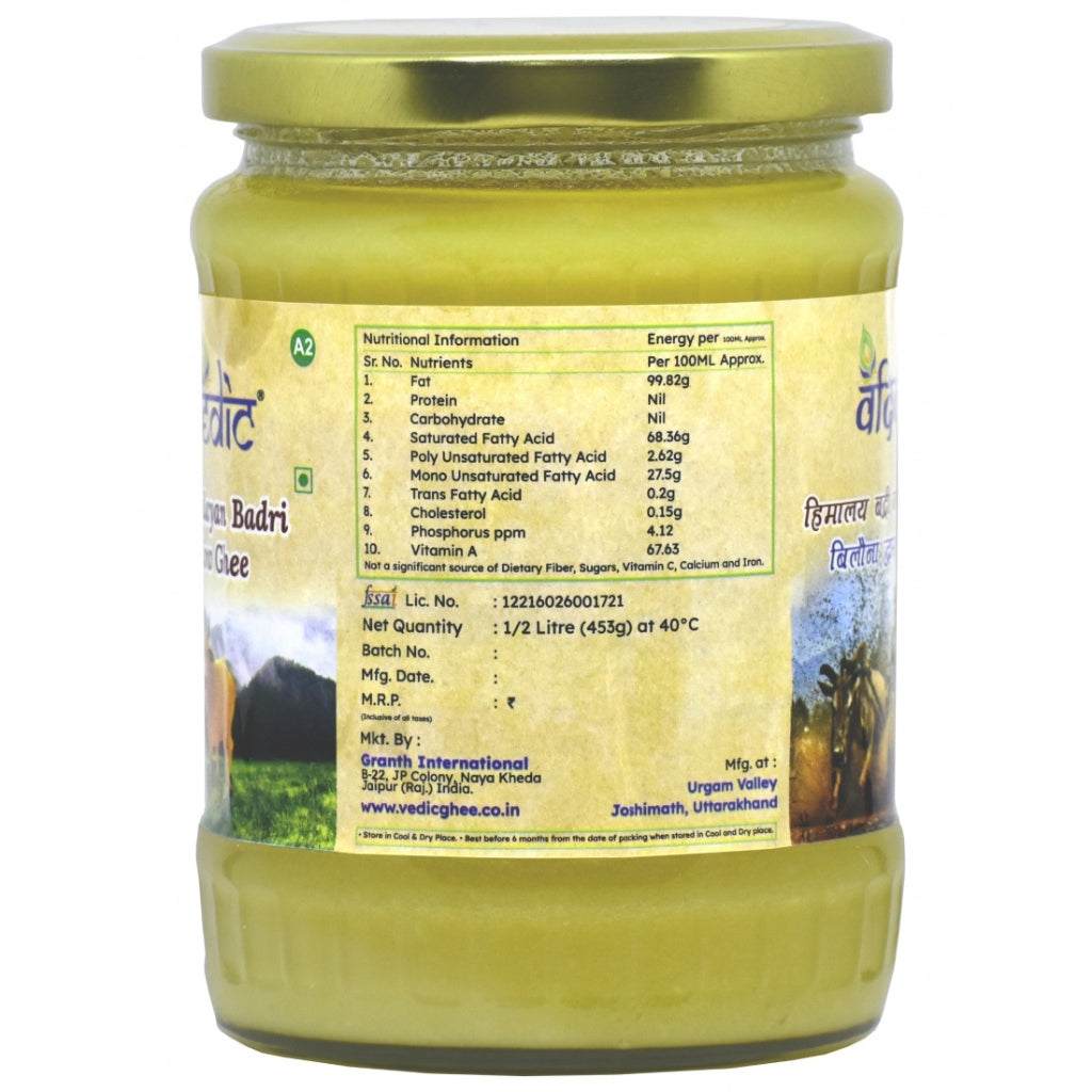 Badri Cow Ghee 500ml jar made from Himalayan Bilona method organic cow milk.
