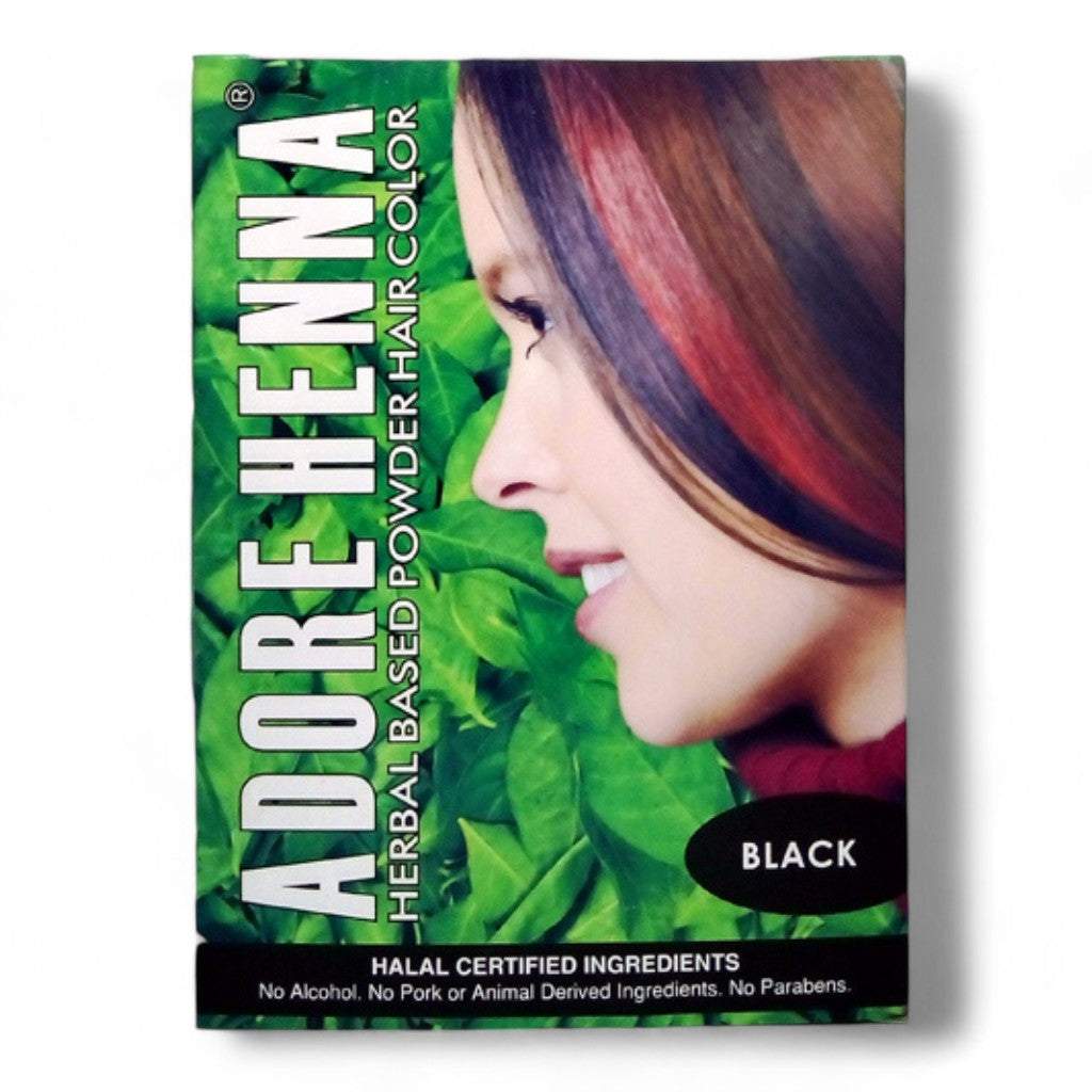 Adore Henna Based Herbal Hair Colour Sachet 60 GM Black packaging and powder display