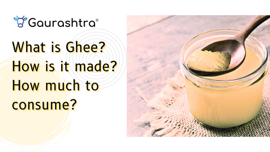 A ghee jar with a spoon over it. Blog title in the left with Gaurashtra logo.