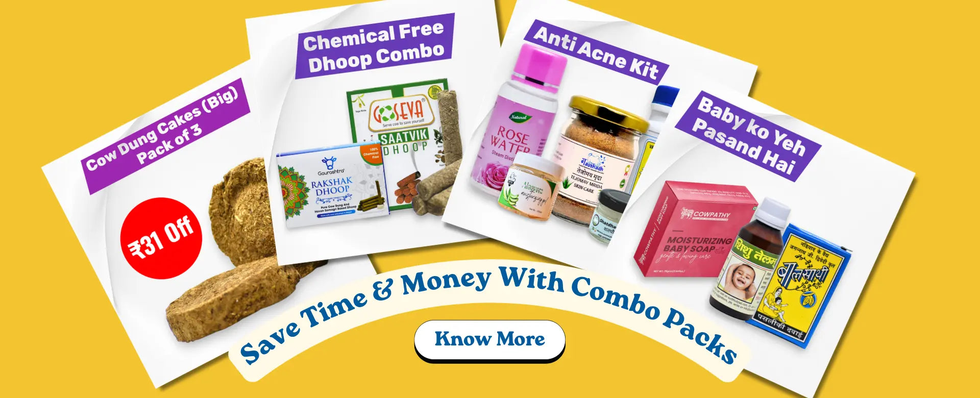 Promotional banner for combo packs with various products on a yellow background
