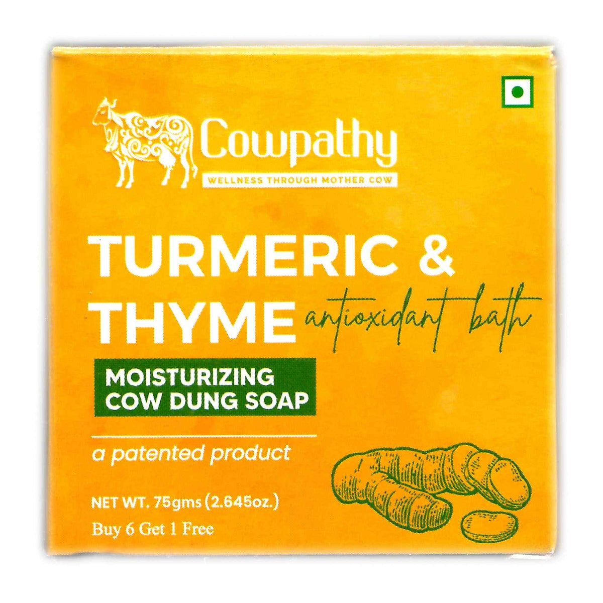 Yellow packaging of Cowpathy Turmeric & Thyme Antioxidant Bath Soap featuring a cow illustration and turmeric root image. Text highlights 'Moisturizing Cow Dung Soap,' patented product, 75g weight, and promotional offer 'Buy 6 Get 1 Free'.
