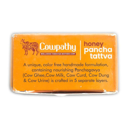 Cowpathy Honey Pancha Tattva Soap – Ayurvedic bath bar with five-layer Panchagavya formulation; sulphate-free, paraben-free, GMO-free.