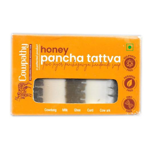 Cowpathy Honey Pancha Tattva Soap – patented Ayurvedic bath bar with cow-based ingredients, eco-friendly packaging, and visible soap layers.