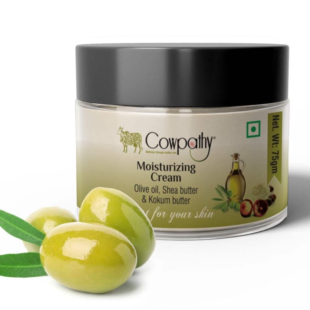 Cowpathy Moisturizing Skin Cream with Olive Oil, Shea, and Kokum Butter 50g jar.