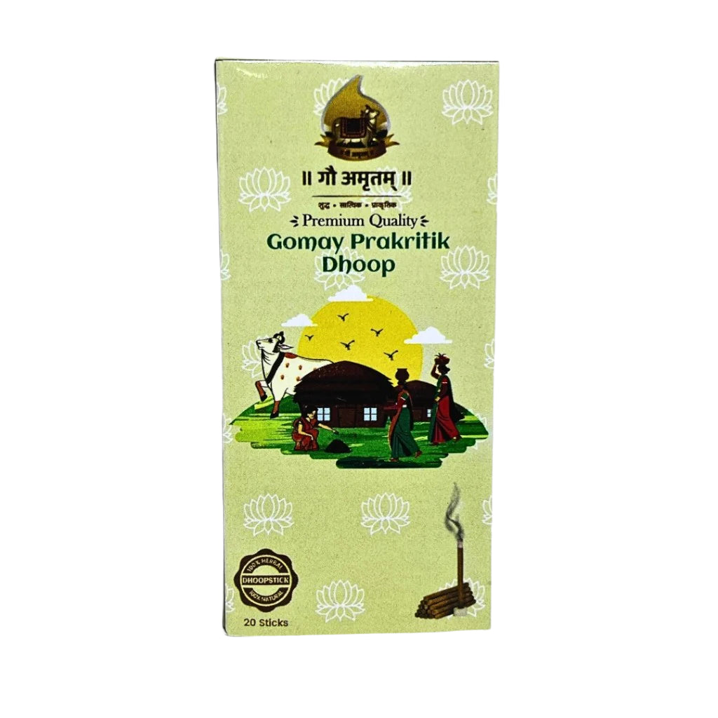 Premium Quality Gomay Prakritik Dhoop box featuring Desi cow illustration, village scenery, and traditional figures—highlighting its natural ingredients and cultural essence.