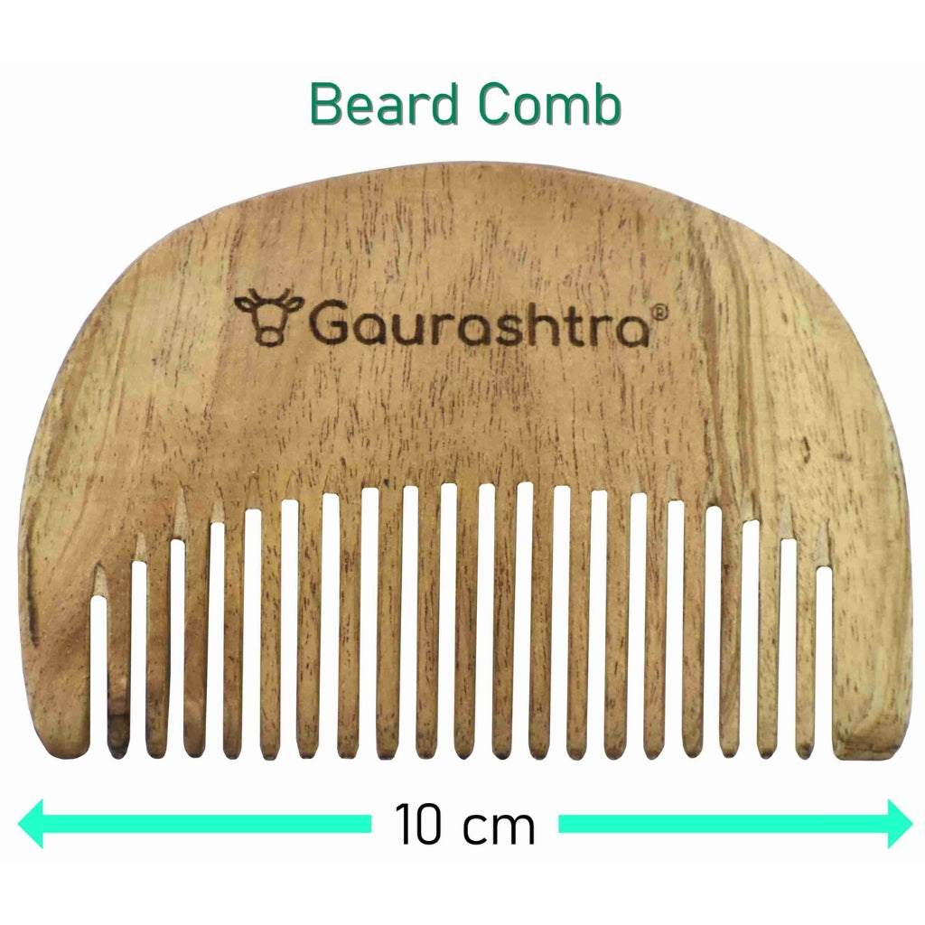A wooden hair comb with the Gaurashtra brand logo, showcasing the natural grain of the wood and the comb's rounded teeth. Style name is Beard Comb