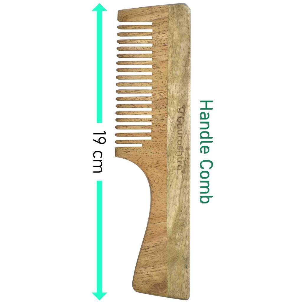 A wooden hair comb with the Gaurashtra brand logo, showcasing the natural grain of the wood and the comb's rounded teeth. Style name is Handle Comb
