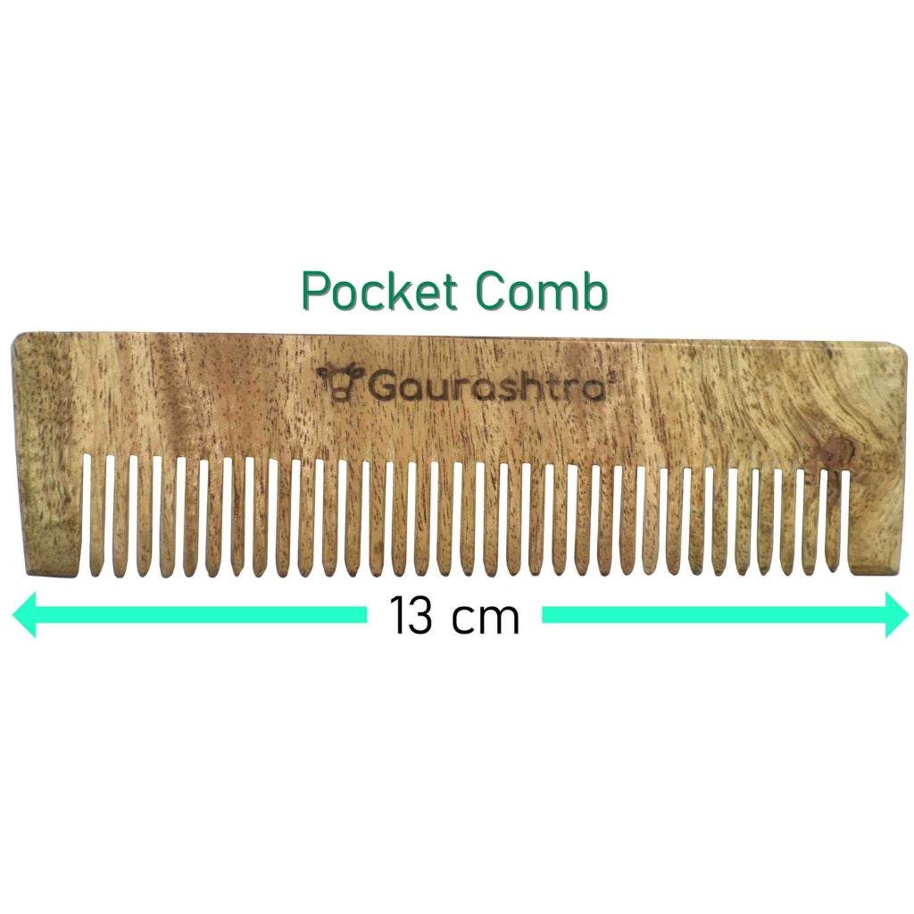 A wooden hair comb with the Gaurashtra brand logo, showcasing the natural grain of the wood and the comb's rounded teeth. Style name is Pocket Comb