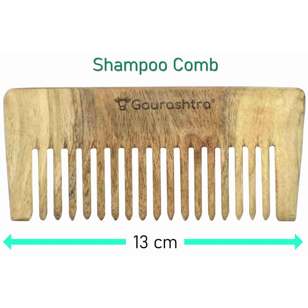 A wooden hair comb with the Gaurashtra brand logo, showcasing the natural grain of the wood and the comb's rounded teeth. Style name is Shampoo